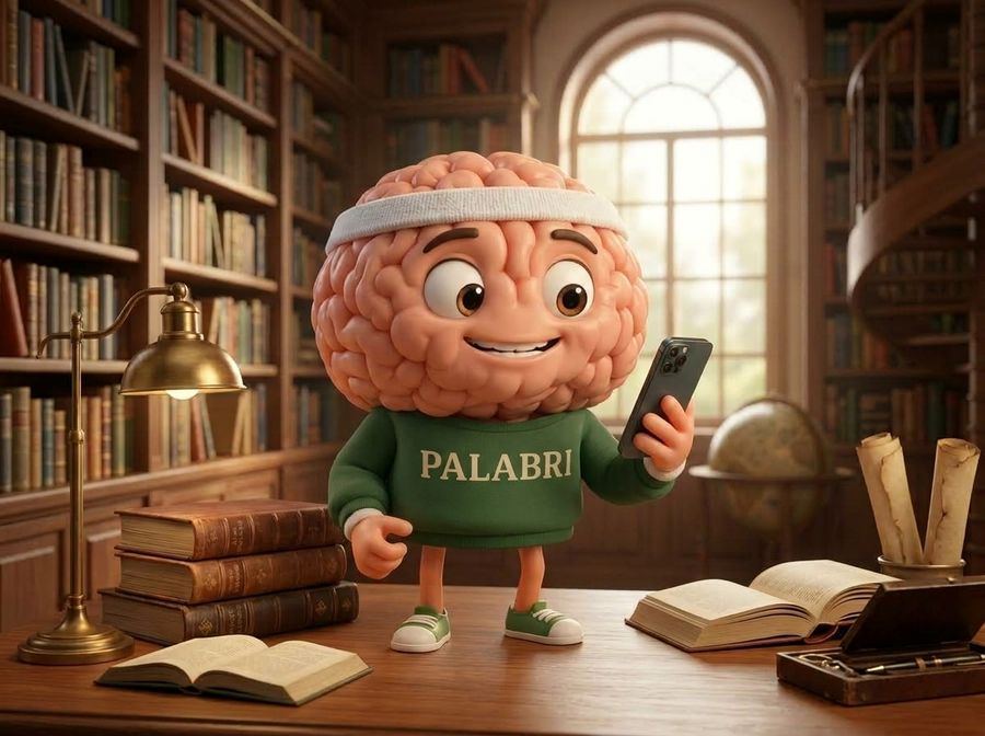 Palabri, la mascota de El Club de las Palabras, con su celular en la mano